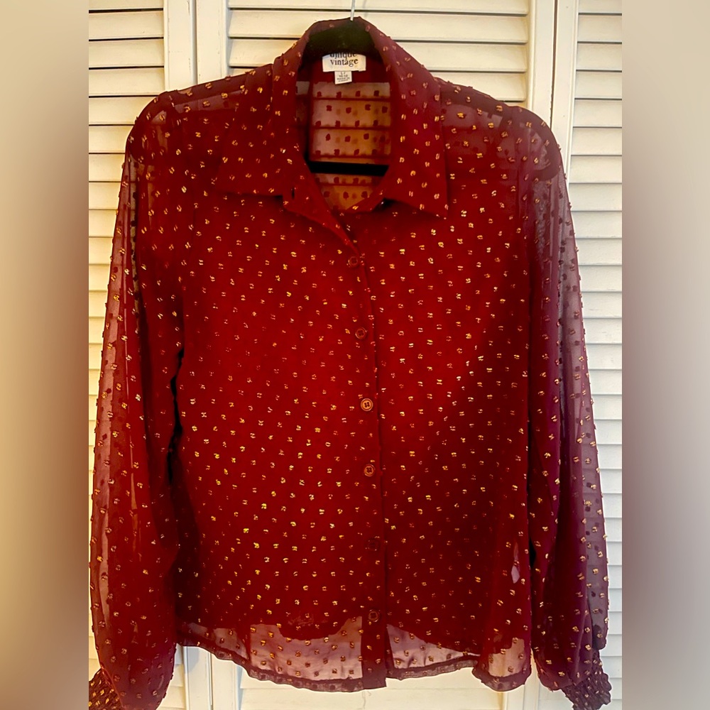 Unique Vintage Maroon and Gold Clip Dot Gwen Blouse. Size L (10/12).